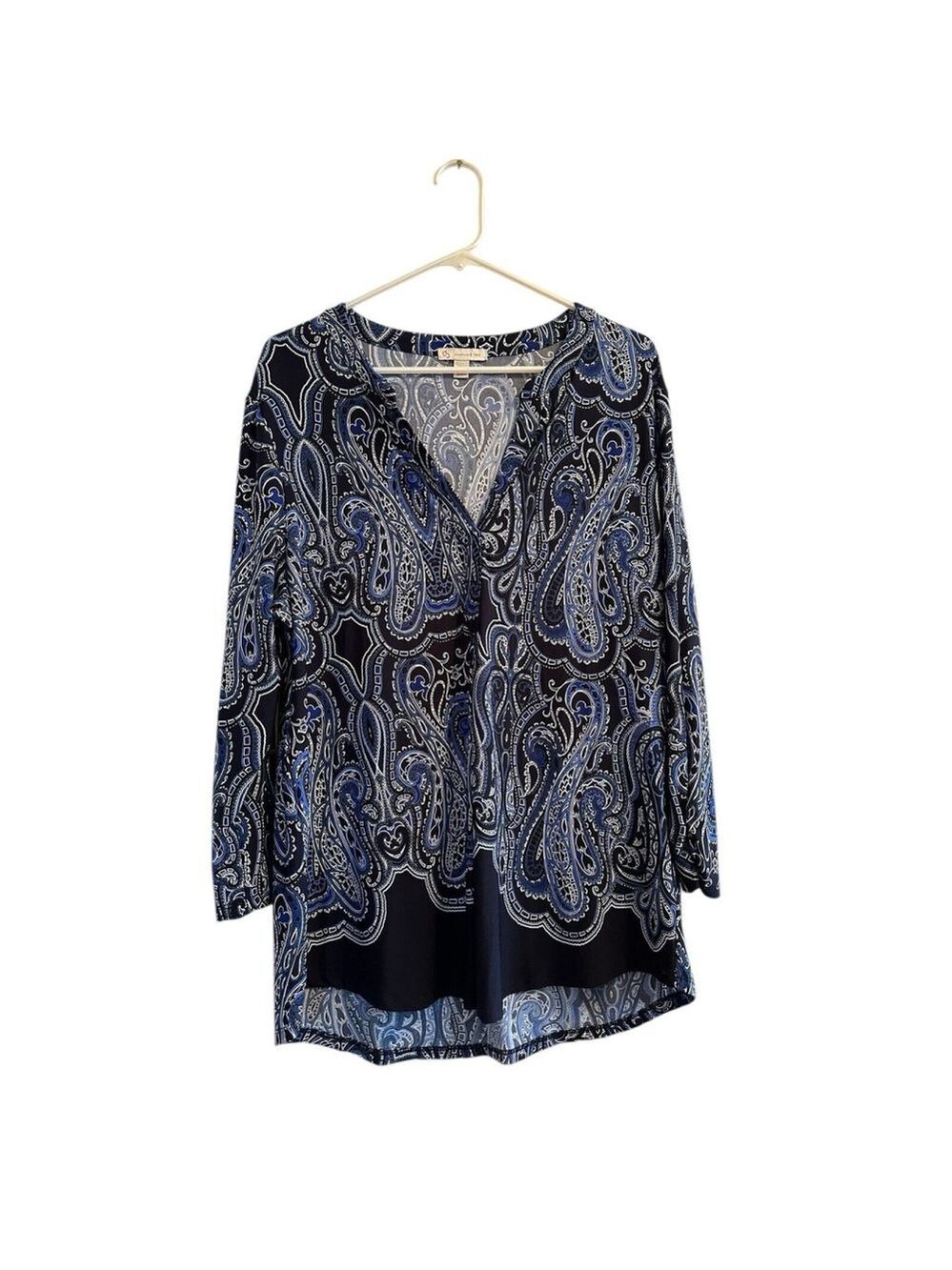 Dress Barn XL Paisley Whimsigoth Tunic Blouse Black Blue Stretch Long Sleeves